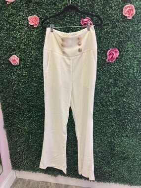 Alara Cream High-Waist Trousers with Sailor Button Detail